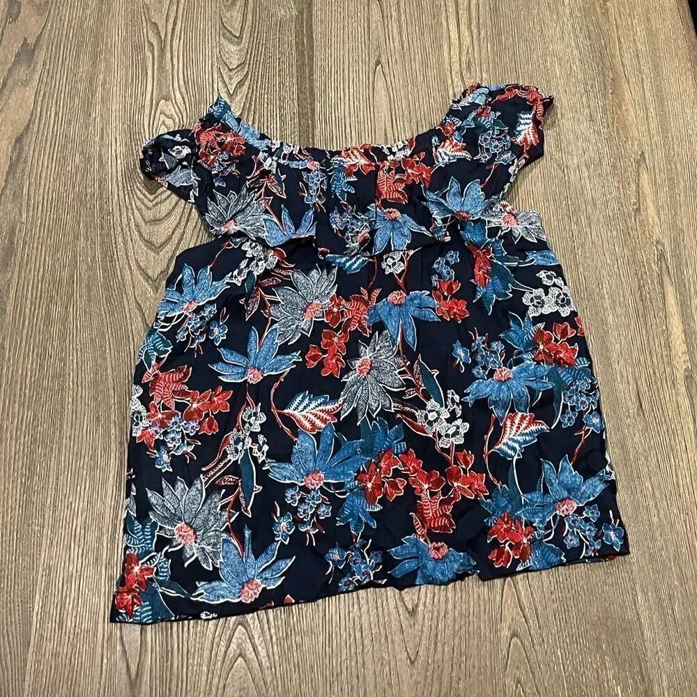 NWOT J.Jill Sarasa Ruffled Tropical Top 100% Linen Elastic Shoulder Navy S
